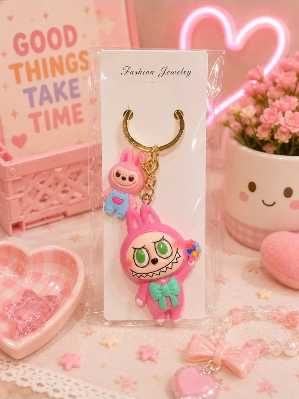 Cute Pink Bunny “Labubu” Character Keychain/bag charm
